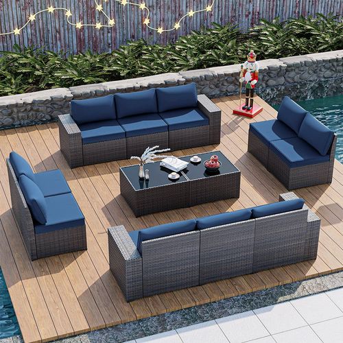 Phonjoro 12 Pieces Outdoor Patio Furniture Set Rattan Patio Sectional Sofa Conversation Set and Coffee Table for Garden, Backyard