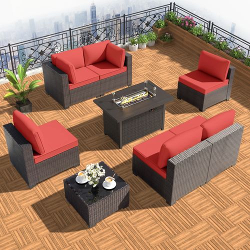 GOJOOASIS Wine Red 7PCS Set Wicker Outdoor Sectional Sofa With Fire Pit Dining Table