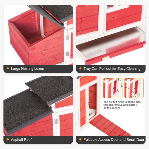 GOJOOASIS Rabbit Hutch, Outdoor Chicken Coop with Tray & Nesting Box Wooden Chicken House with Water-Resistant Roof & Ramp Red