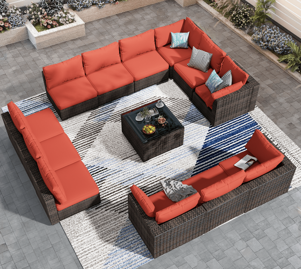 TANGJEAMER 13 Piece Patio Furniture Set, All Weather Outdoor Sectional PE Rattan, Red