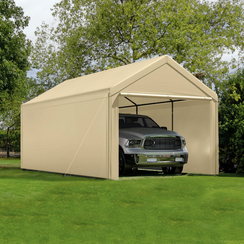 Grezjxc 10 x 20ft Galvanized Steel Carport Heavy Duty Awning Car Canopy Tent with Side Walls for outdoor Truck Boat Car Port, Party, Storage, (Beige)