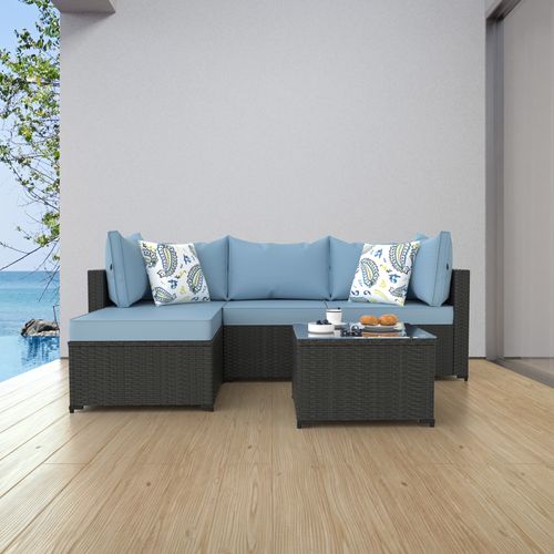 Phonjoroo 5pcs Patio Furniture Sets All Weather Outdoor Sectional Sofa Manual Weaving Wicker Rattan Outdoor Conversation Set with With Cushion