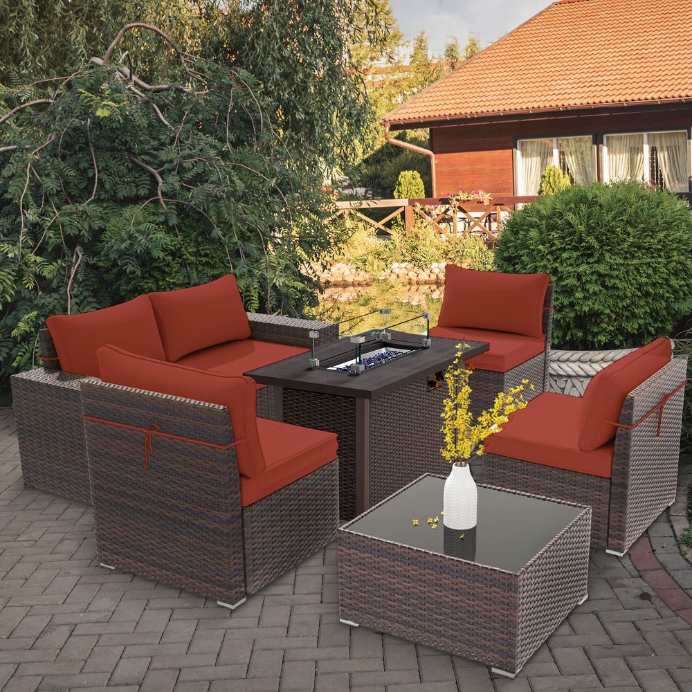 GOJOOASIS Wine Red 6PCS Set Wicker Outdoor Sectional Sofa With Fire Pit Dining Table