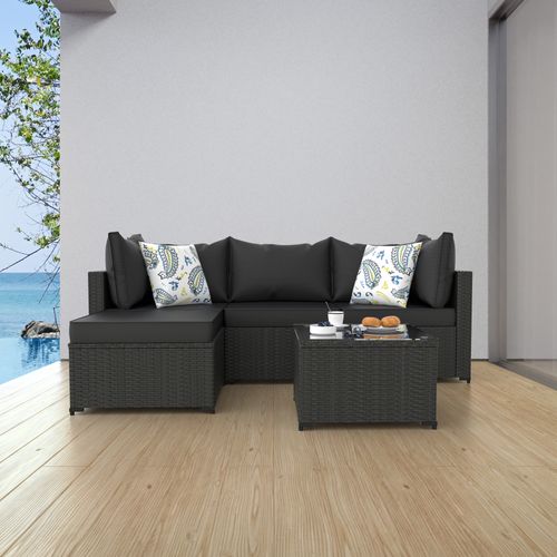 Phonjoroo 5pcs Patio Furniture Sets All Weather Outdoor Sectional Sofa Manual Weaving Wicker Rattan Outdoor Conversation Set with With Cushion