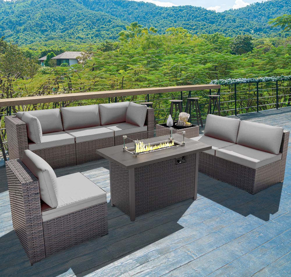 GOJOOASIS Grey 7PCS Set Wicker Outdoor Sectional Sofa With Fire Pit Dining Table