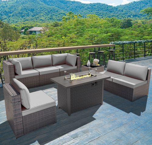 GOJOOASIS Grey 7PCS Set Wicker Outdoor Sectional Sofa With Fire Pit Dining Table