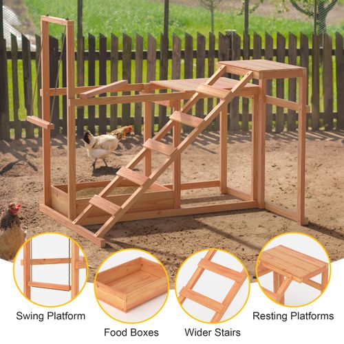 GOJOOASIS Chicken Activity Play, Wooden Bird Perches with Swing Toy, Ladder, Platforms, Food Storage Outdoor Poultry