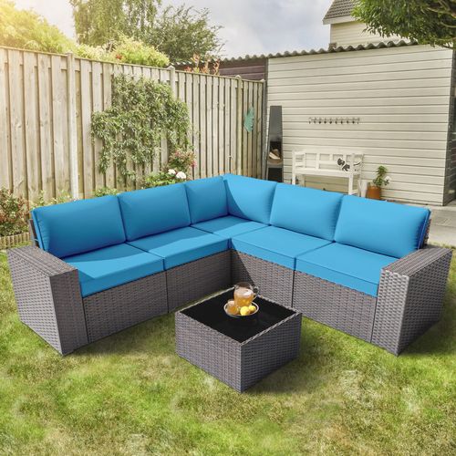 GOJOOASIS Blue 6PCS Set Wicker Outdoor Sectional Sofa