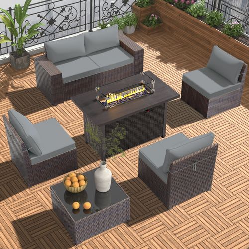 GOJOOASIS Grey 6PCS Set Wicker Outdoor Sectional Sofa With Fire Pit Dining Table