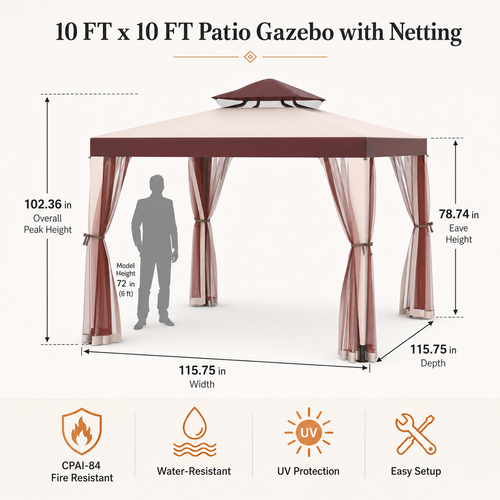 10 x 10 ft Outdoor Gazebo Tent with Mosquito Netting, Double Roof Canopy Backyard Patio Shelter, Red