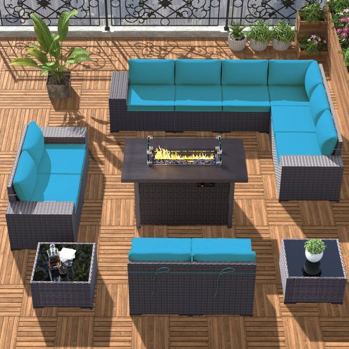 GOJOOASIS Blue 12PCS Set Wicker Outdoor Sectional Sofa With Fire Pit Dining Table