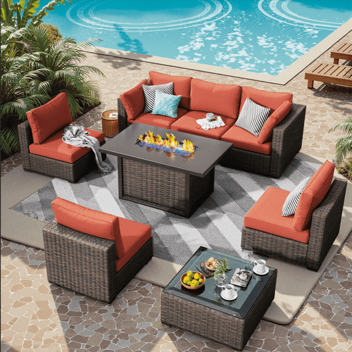 Gaildon 8 Piece Patio Furniture Set with Fire Pit Table, All Weather Outdoor Sectional PE Rattan, Patio Conversation Sets with Cushions for Garden Law