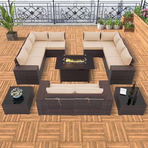 GOJOOASIS Beige 12PCS Set Wicker Outdoor Sectional Sofa With Fire Pit Dining Table