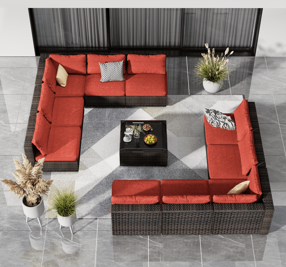 TANGJEAMER 11 Piece Patio Furniture Set, All Weather Outdoor Sectional PE Rattan,Red