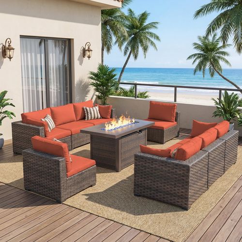 Gaildon 9 Piece Patio Furniture Set with Fire Pit Table, All Weather Outdoor Sectional PE Rattan, Patio Conversation Sets with Cushions and Glass Coff