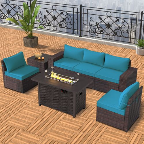 GOJOOASIS Blue 6PCS Outdoor Sectional Sofa With Fire Pit Dining Table