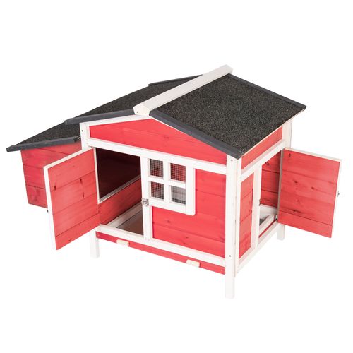 GOJOOASIS Rabbit Hutch, Outdoor Chicken Coop with Tray & Nesting Box Wooden Chicken House with Water-Resistant Roof & Ramp Red
