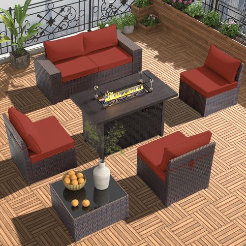 Grezone 7 Pieces Outdoor Patio Furniture with 43" 55000BTU Gas Propane Fire Pit Table PE Wicker Rattan Sectional Sofa Patio Conversation Sets