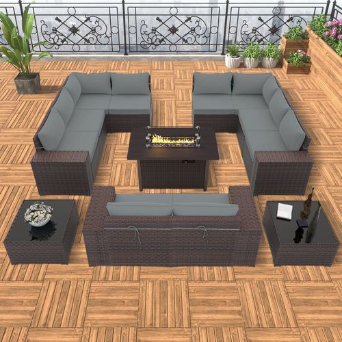 GOJOOASIS Grey 12PCS Set Wicker Outdoor Sectional Sofa With Fire Pit Dining Table