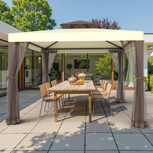 10'x10' Patio Gazebo Tent Outdoor Canopy Shelter w/ Mosquito Netting & 2-Tiered Vented Top for Garden, Backyard Deck And Lawns, Beige