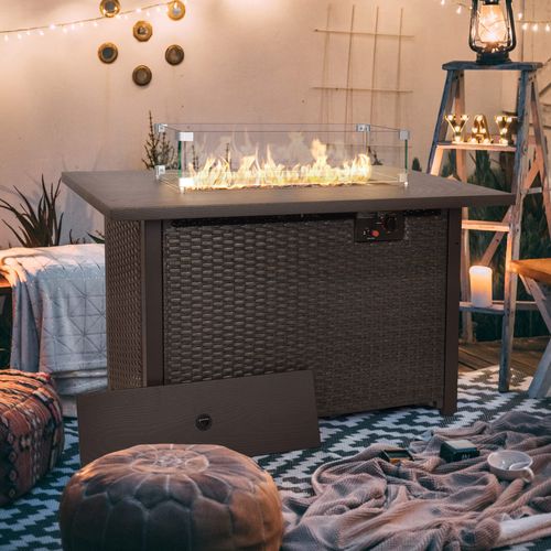 Phonjoroo Outdoor Fire Pit Table 42 Inch Patio Propane Fire Pit with Tempered Glass Wind Guard & Cover Wicker Rattan 50,000 BTU Auto-Ignition Gas Pit