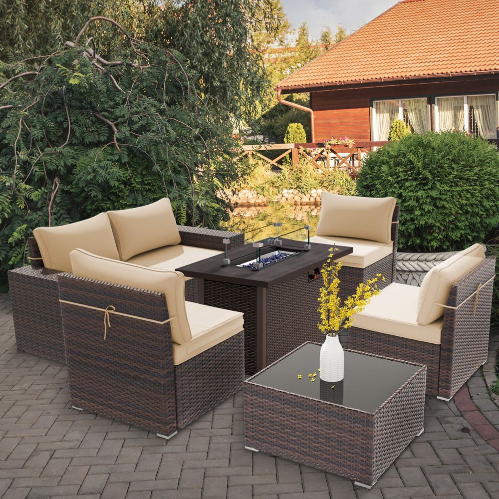 GOJOOASIS Beige 6PCS Set Wicker Outdoor Sectional Sofa With Fire Pit Dining Table