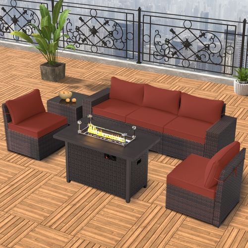 GOJOOASIS Wine Red 6PCS Set Wicker Outdoor Sectional Sofa With Fire Pit Dining Table