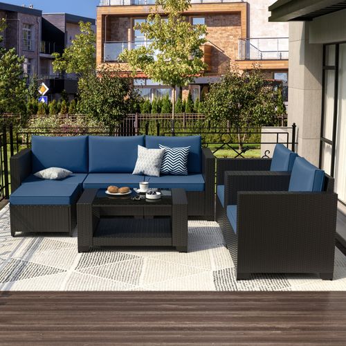 Phonjoroo Outdoor Patio Furniture Sets 7 Pieces All-Weather Wicker Sectional Conversation Set Rattan Patio Seating Sofa with Cushion
