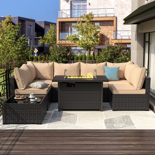 Phonjoroo Outdoor Patio Furniture Set with Fire Pit Table, 8 Pieces Wicker Patio Sectional Furniture, Patio Conversation Couch Seating & 42" Fire Pit