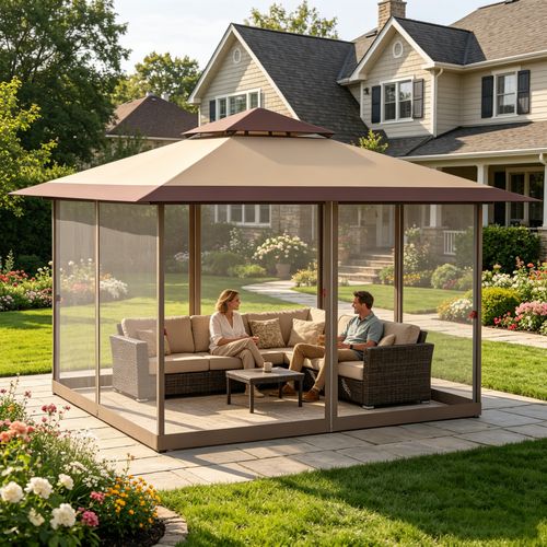 10 x 10 Pop Up Canopy Tent with Nettings, Folding Screen Tent with Double Roof Vents, 3-Height Adjustable Outdoor Canopy, Red