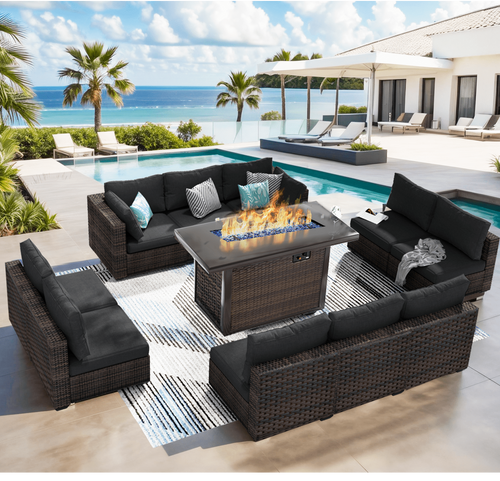 Greone 11 PCS Outdoor Patio Furniture Set with Fire Pit Table, Wicker Patio Conversation Set, Black