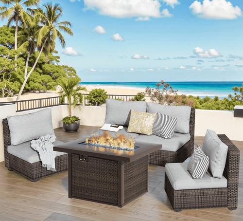 Gaildon 5 Piece Patio Furniture Set with Fire Pit Table, All Weather Outdoor Sectional PE Rattan, Patio Conversation Sets with Cushions for Garden Law