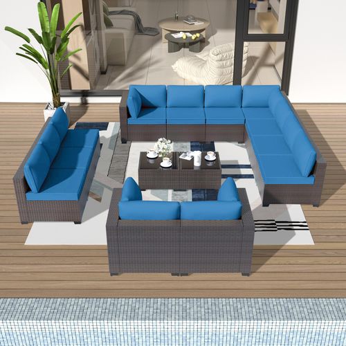 GOJOOASIS Blue 14PCS Set Wicker Outdoor Sectional Sofa