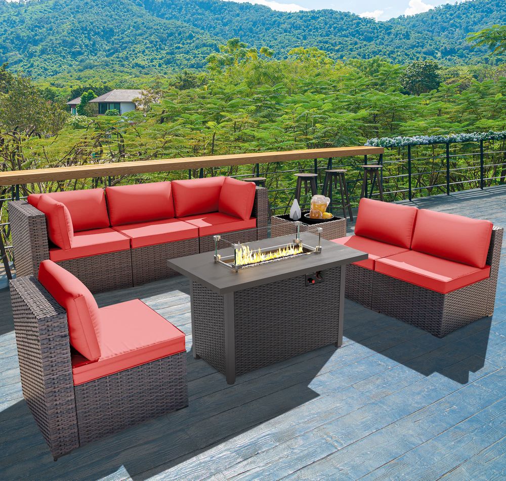 GOJOOASIS Wine Red 7PCS Set Wicker Outdoor Sectional Sofa With Fire Pit Dining Table