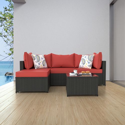Phonjoroo 5pcs Patio Furniture Sets All Weather Outdoor Sectional Sofa Manual Weaving Wicker Rattan Outdoor Conversation Set with With Cushion