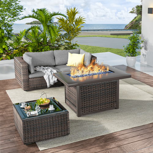 Greone 4 Pieces Patio Furniture Set with Fire Pit Table, All Weather Outdoor Sectional PE Rattan, Patio Conversation Sets with Cushions and Glass Coff