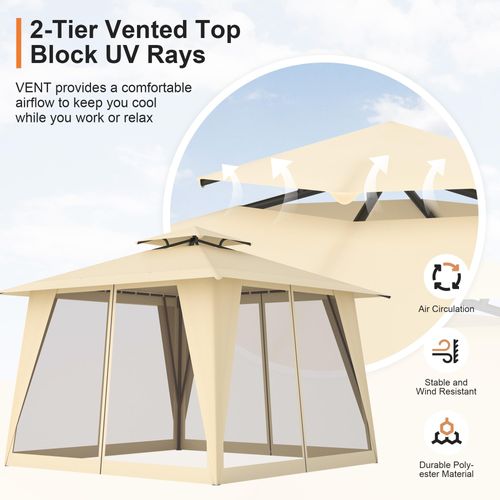 GOJOOASIS Metal Gazebo Outdoor 2-Tier Canopy Party Tent with Mesh Sidewalls 12x12 Beige
