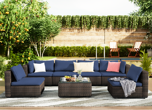 Copy of Grezone 7 Patio Outdoor Furniture Wicker Sectional Sofa Couch Lawn Sectional, Red