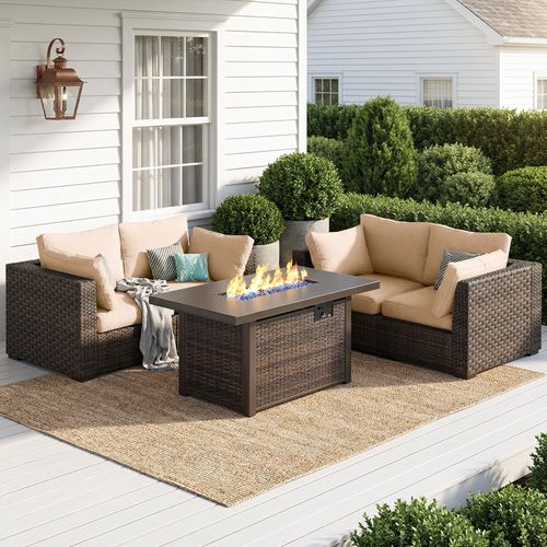 Gaildon 5 Piece Patio Furniture Set with Fire Pit Table, All Weather Outdoor Sectional PE Rattan, Patio Conversation Sets with Cushions and Glass Coff