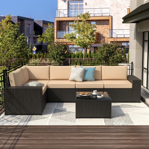 Phonjoroo 6 Pieces Patio Furniture Set Outdoor Wicker Sectional Conversation Sofa All-Weather Rattan Couch Patio Seating with Cushion and Glass Table