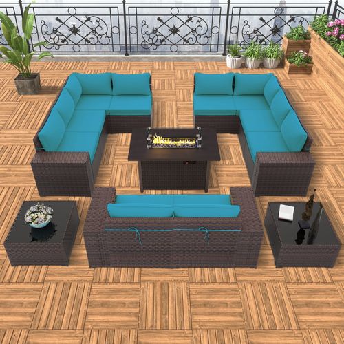 GOJOOASIS Blue 12PCS Set Wicker Outdoor Sectional Sofa With Fire Pit Dining Table