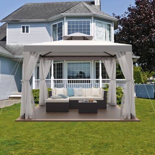 10'x10' Patio Gazebo Tent Outdoor Canopy Shelter w/ Mosquito Netting & 2-Tiered Vented Top for Garden, Backyard Deck And Lawns, Gray