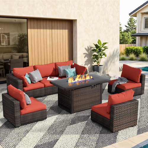 Grezone 11 PCS Outdoor Patio Furniture Set with Fire Pit Table, Wicker Patio Conversation Set, Black