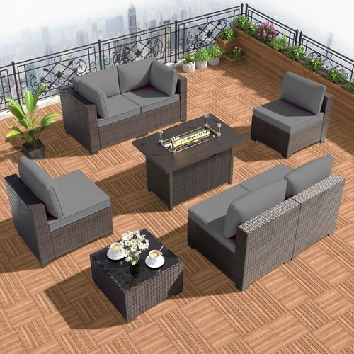 GOJOOASIS Grey 7PCS Set Wicker Outdoor Sectional Sofa With Fire Pit Dining Table