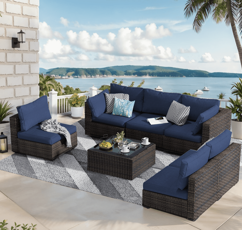 Gaildon 7 Patio Outdoor Furniture Wicker Sectional Sofa Couch Lawn Sectional Black Glass Table, Blue