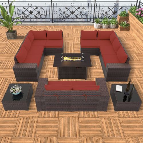 GOJOOASIS Wine Red 12PCS Set Wicker Outdoor Sectional Sofa With Fire Pit Dining Table