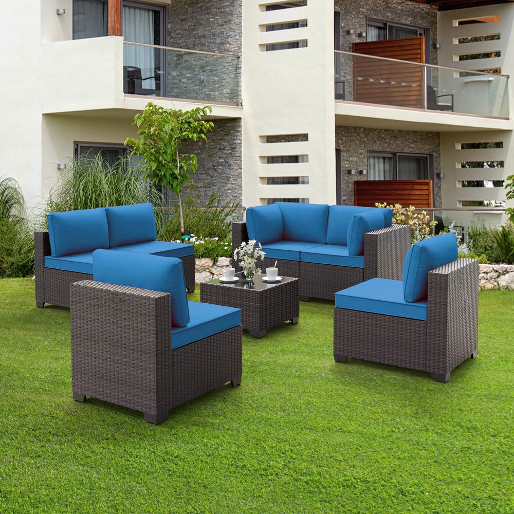 Grezone 7 Pieces Sectional Outdoor Furniture Sofa & Black-Glass Coffee Table