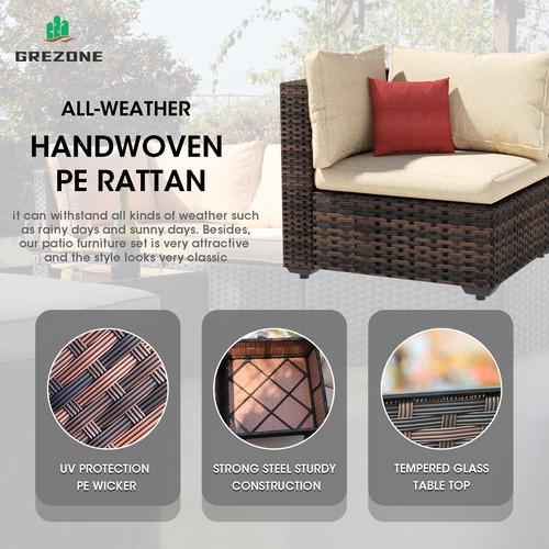 Grezone 6 Pieces Patio Outdoor Furniture Sets All Weather Wicker Sectional Sofa Couch Lawn Sectional Furniture (Cream)