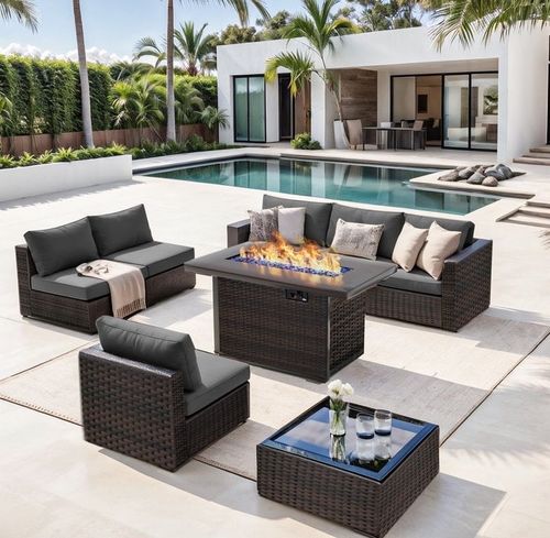 TANGJEAMER Outdoor Garden 8 Piece Patio Furniture with 43" 55000BTU Gas Propane Fire Pit Table Rattan Wicker Sectional Set