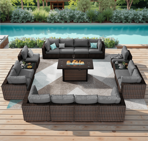 Gaildon 17 Piece Patio Furniture Set with Fire Pit Table, All Weather Outdoor Sectional PE Rattan, Patio Conversation Sets with Cushions and Glass Cof